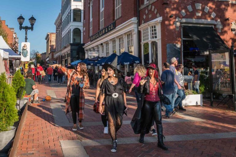 People in Halloween costumes in downtown Salem, Massachusetts