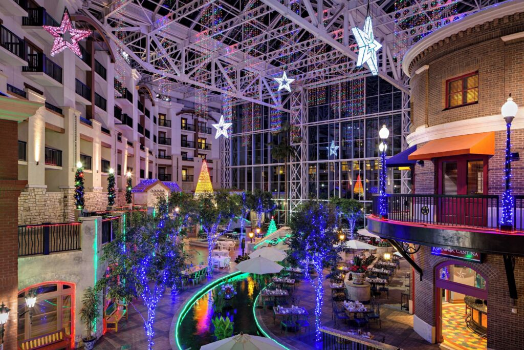 Gaylord Texan's indoor atriums transform into an elaborate holiday setting during the Christmas season.