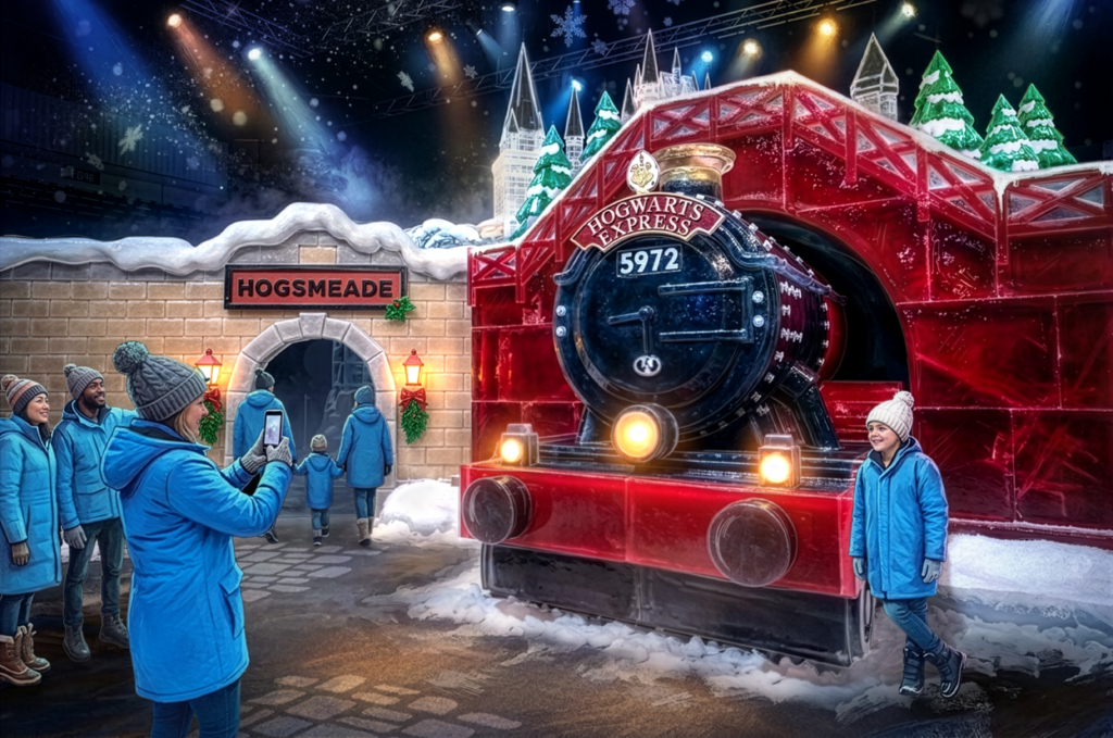 2026 ICE! featuring Harry Potter Hogwarts Express ice sculpture rendering at Gaylord Texan
