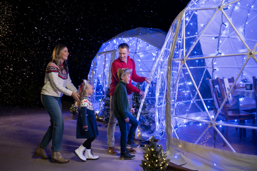 Family visiting the Snow Globes holiday experience during Snowland at Great Wolf Lodge